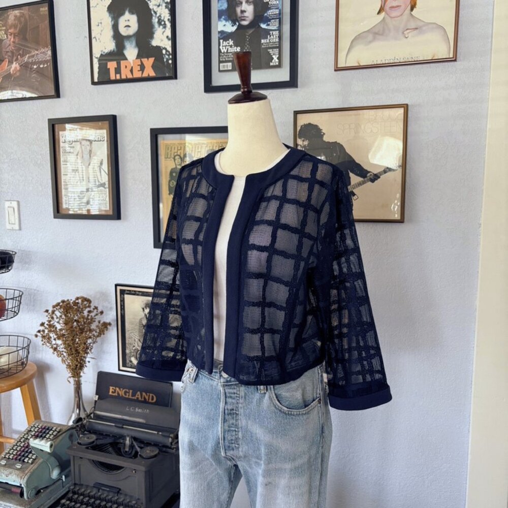 Maya Brooke Dark Navy Blue Jacket Mesh Windowpane… - image 4